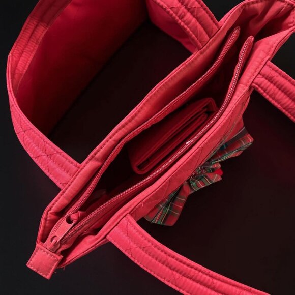 Red Quilted Christmas Tote & Wallet Set, Tartan Plaid Bow, Zip Top Shoulder Bag - Picture 7 of 8